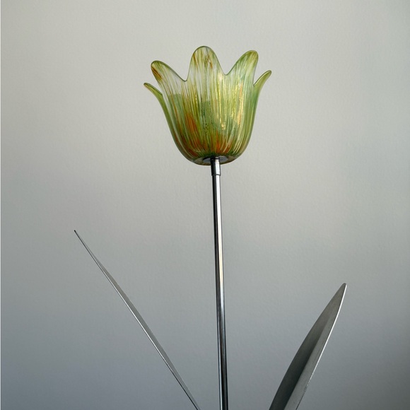 Vintage Glass Tulip Bendable Metal Leaves Candle Holder Post Modern - Picture 3 of 16